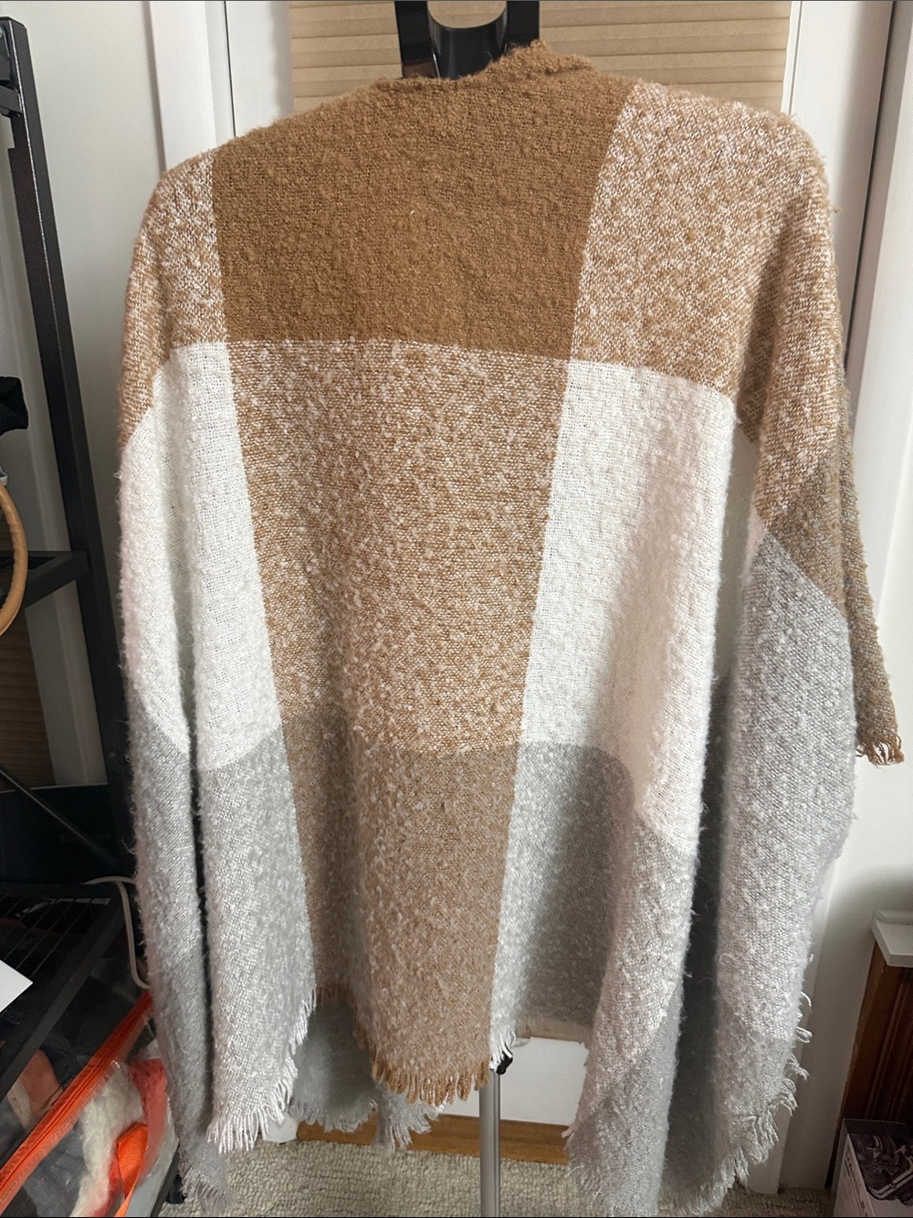 Open-Front windowpane Colorblock Shawl poncho Camel, Cream & Gray OS cottagecore - Picture 8 of 10